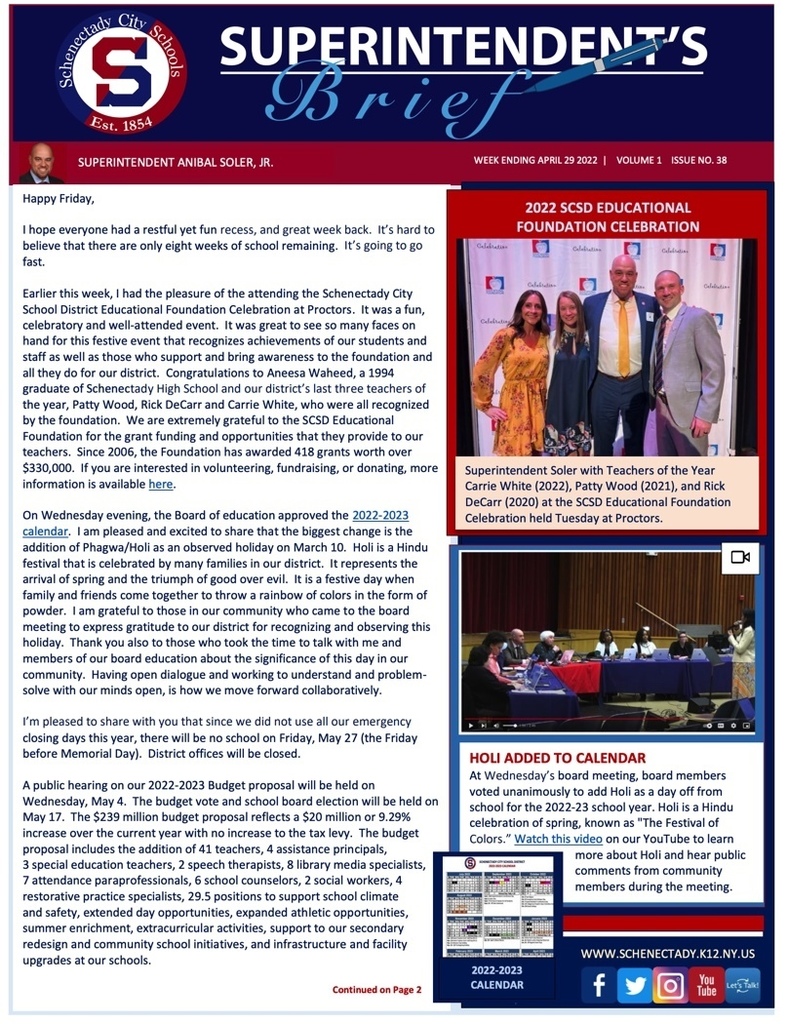 Superintendent's Brief: April 29 2022