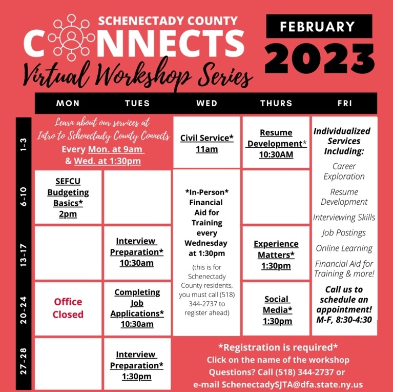 Schenectady Connects February 2023 Virtual Workshop Series
